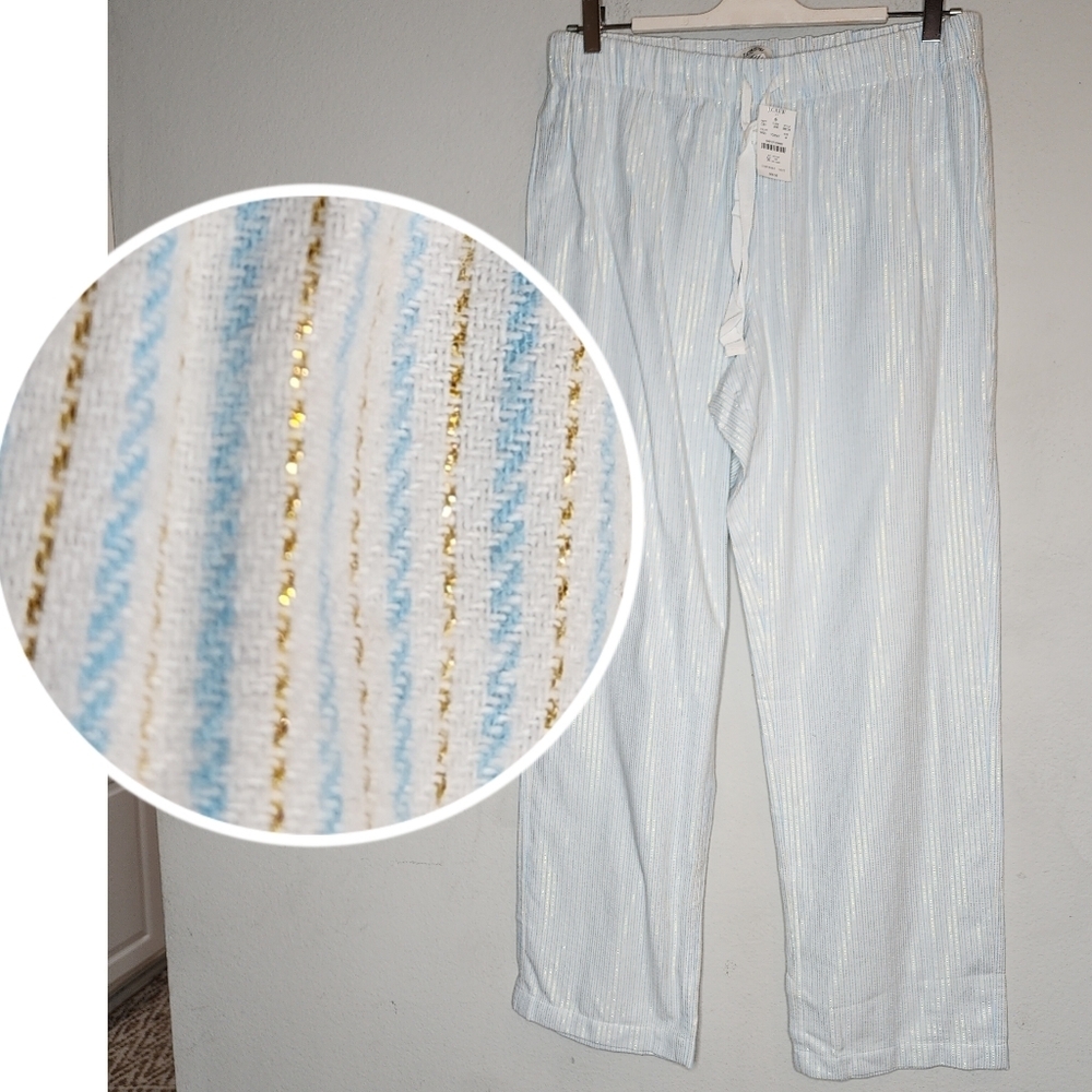 NWT‎ J. Crew Gold Metallic Blue White Stripe Flannel Pajama Pants Womens Size M
